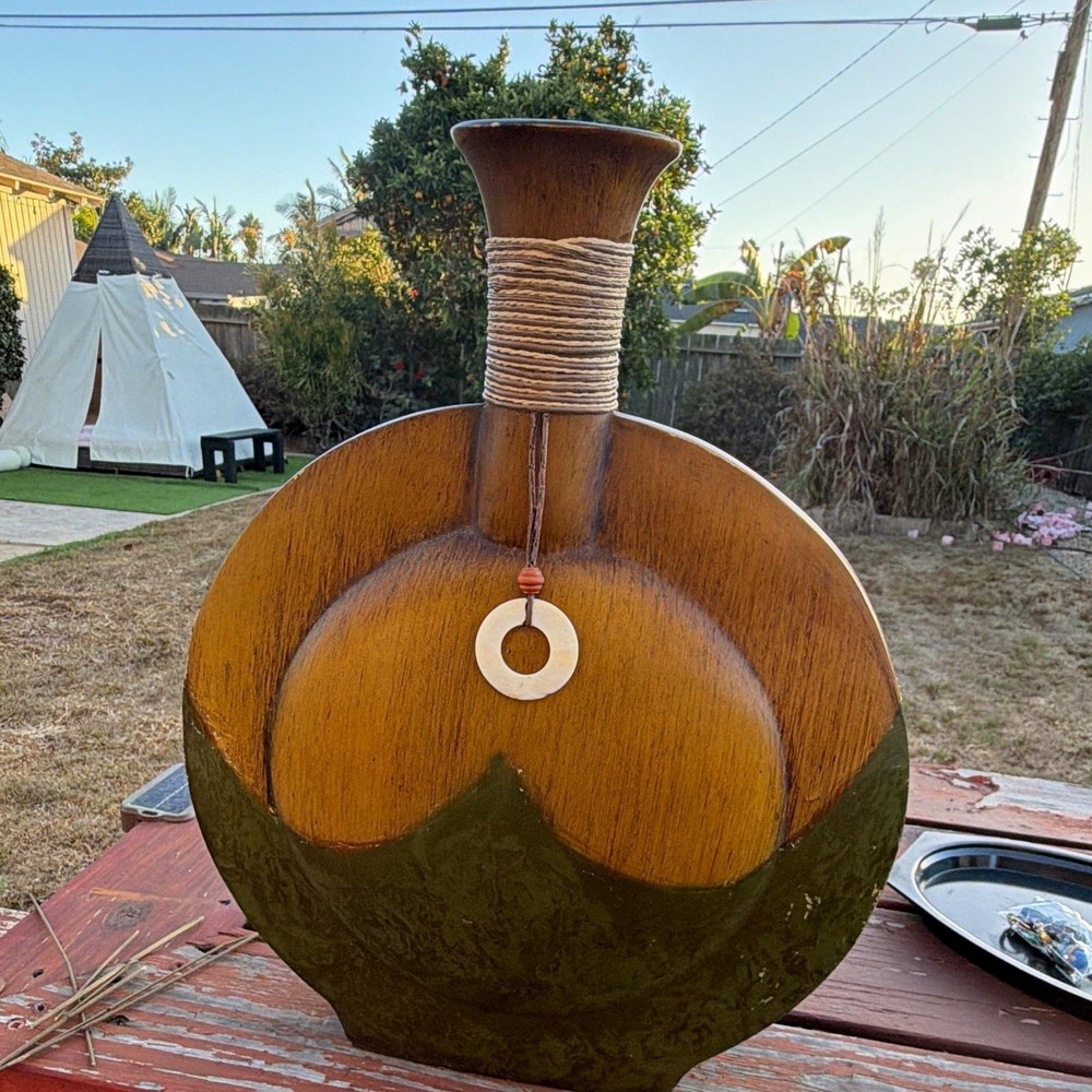 Wood Table Vase Brown Green Abstract Art Pattern Bottle Shape Decorative Twine